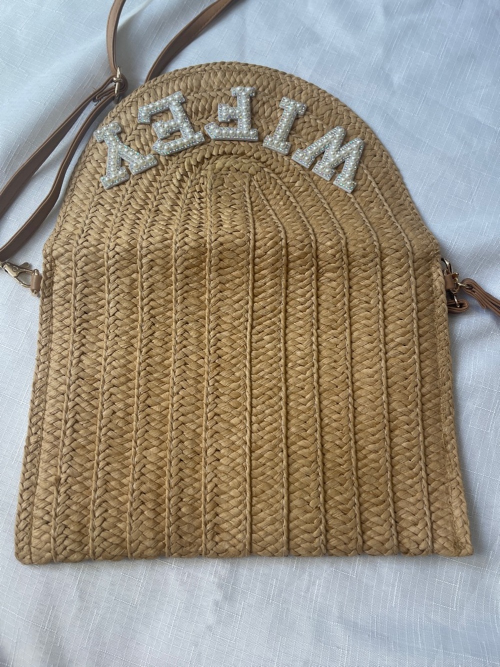Wifey Embellished Straw Crossbody Bag in Tan - Picture 3 of 5